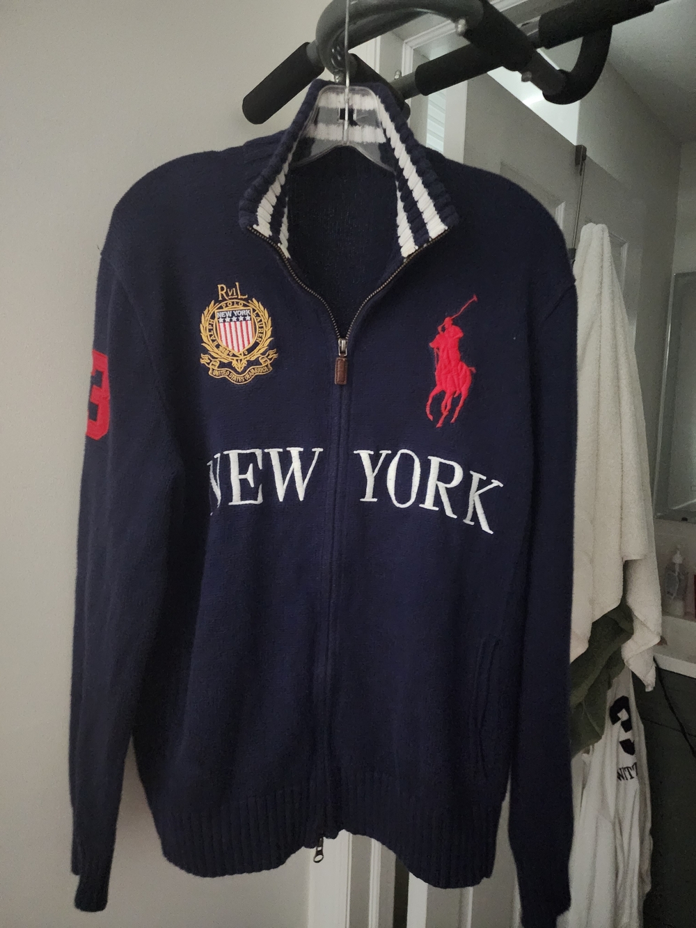 Ralph Lauren Navy Zip-Up Polo Crest Sweater with Red Pony & New York Text